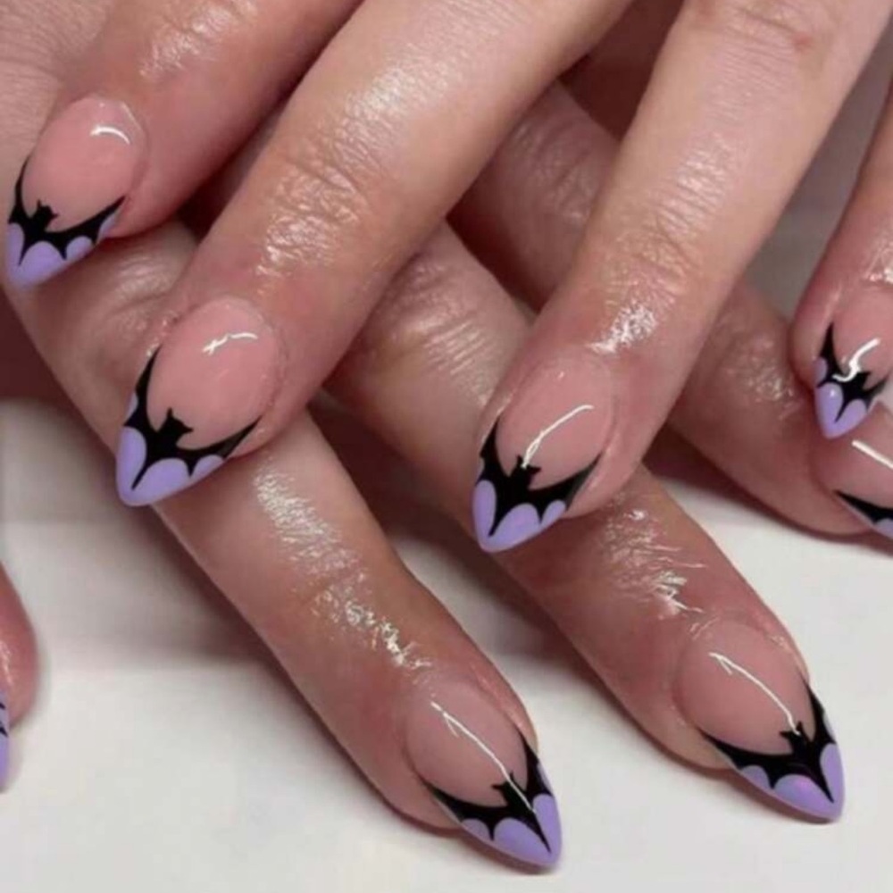 Halloween Purple Bat French Manicure 24 Piece Set Press On Nails